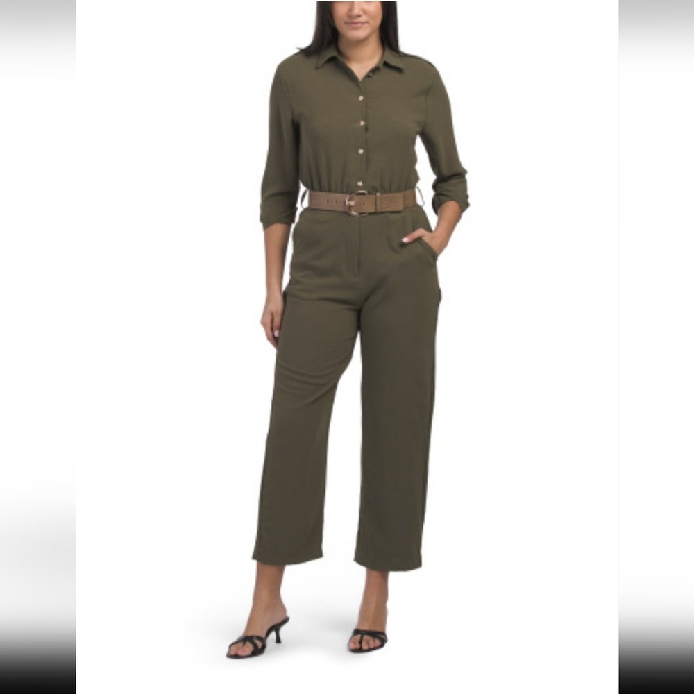 Zara Olive Green Cropped Wide-Leg Jumpsuit